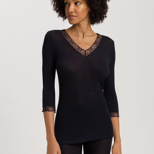 Woolen Lace Lace Trim Wool And Silk Top | Black 70831-019