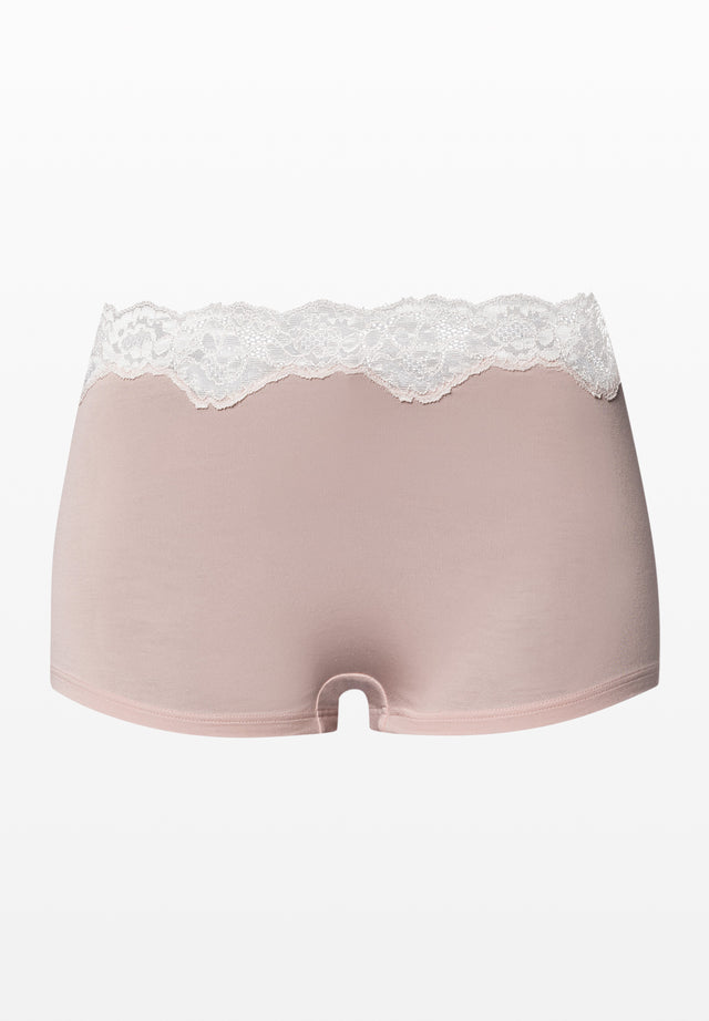 Pink boyleg with white lace trim on a white background