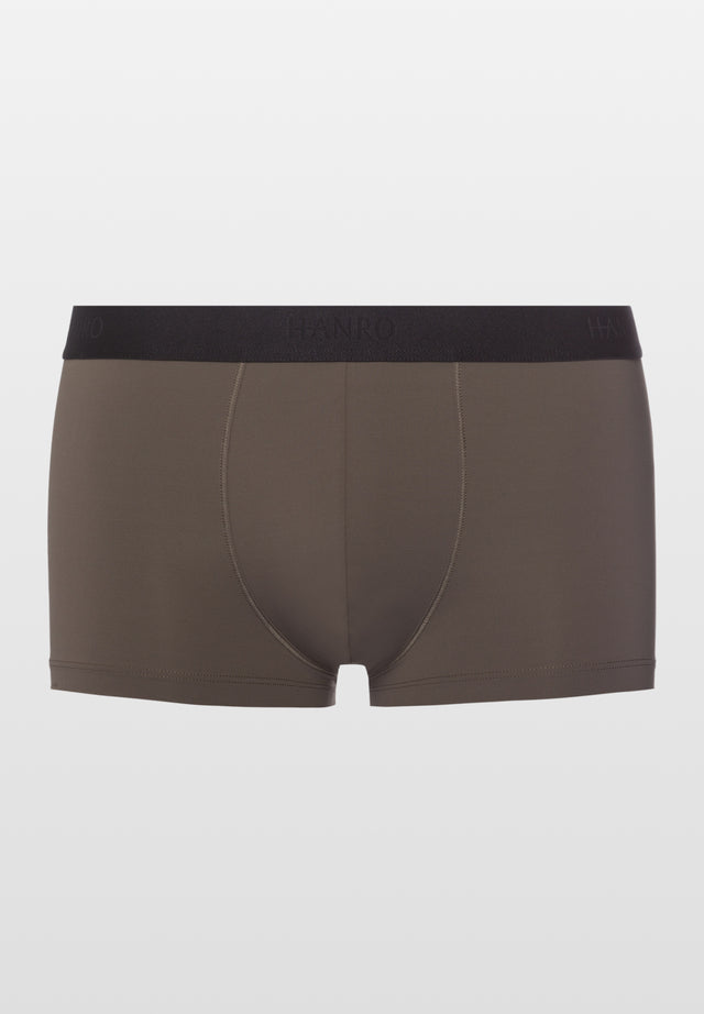 Brown boxer briefs with black waistband on a light gray background