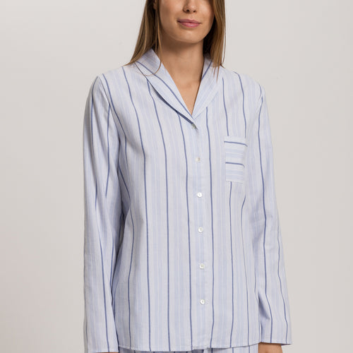 Loungy Nights Cotton Shawl Collar Shirt | Powder Blue Stripe 74967-3055