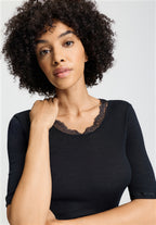 Woolen Lace Wool and Silk Crew Neck Top | Black 70767-019