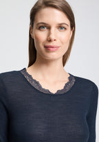 Woolen Lace Wool and Silk Crew Neck Top | Deep Navy 70767-1610