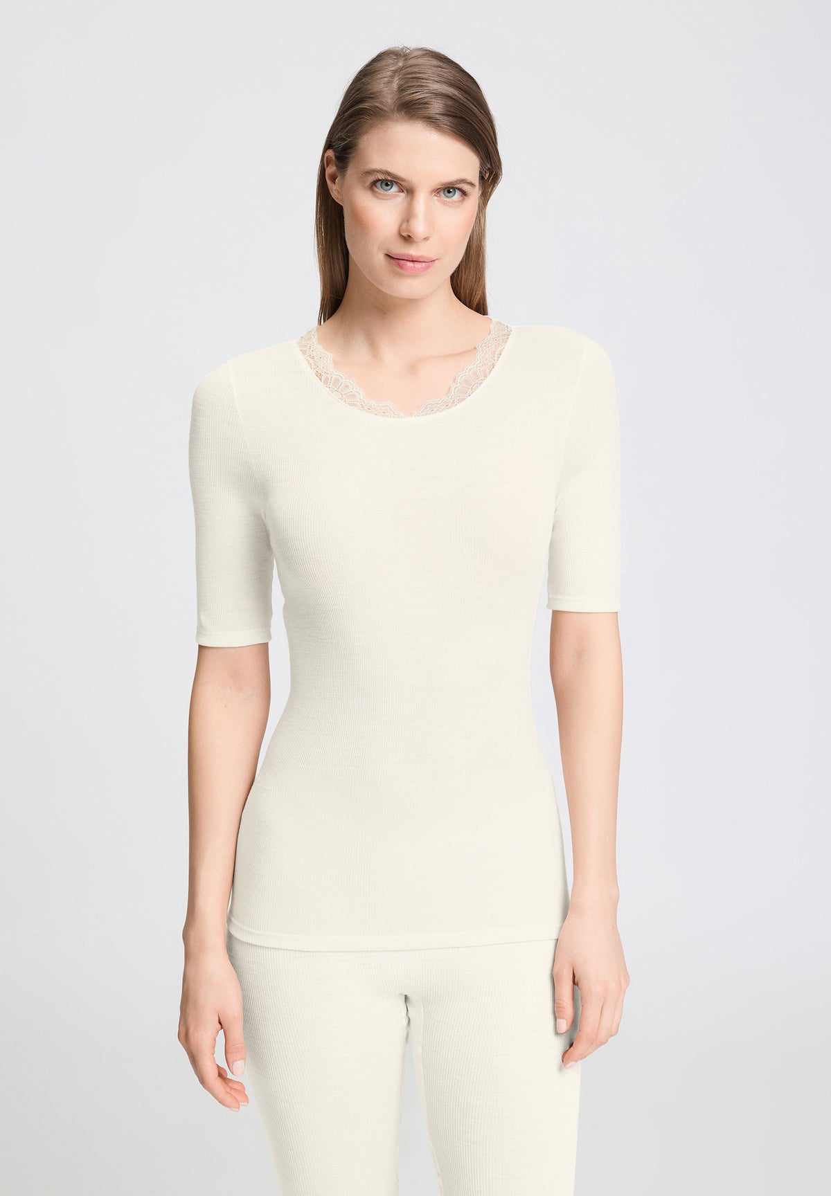 Woolen Lace Wool and Silk Crew Neck Top | Misty White 70767-2123