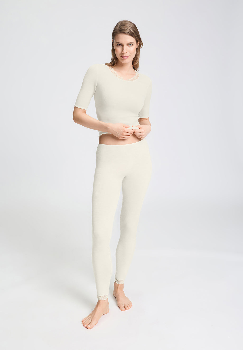 Woolen Lace Wool and Silk Crew Neck Top | Misty White 70767-2123