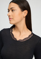 Woolen Lace Lace Trim Wool and Silk Crew Neck Top | Black 70768-019