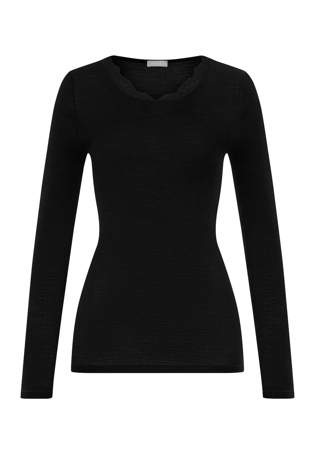Woolen Lace Lace Trim Wool and Silk Crew Neck Top | Black 70768-019