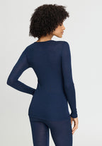 Woolen Lace Lace Trim Wool and Silk Crew Neck Top | Deep Navy 70768-1610