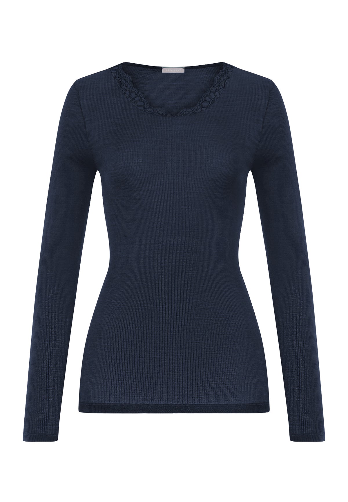 Woolen Lace Lace Trim Wool and Silk Crew Neck Top | Deep Navy 70768-1610