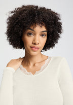 Woolen Lace Lace Trim Wool and Silk Crew Neck Top | Misty White 70768-2123