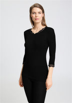 Woolen Lace Lace Trim Wool and Silk Top | Black 70769-019