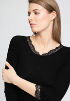 Woolen Lace Lace Trim Wool and Silk Top | Black 70769-019