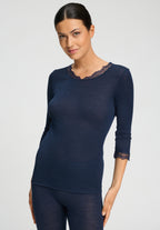 Woolen Lace Lace Trim Wool and Silk Top | Deep Navy 70769-1610