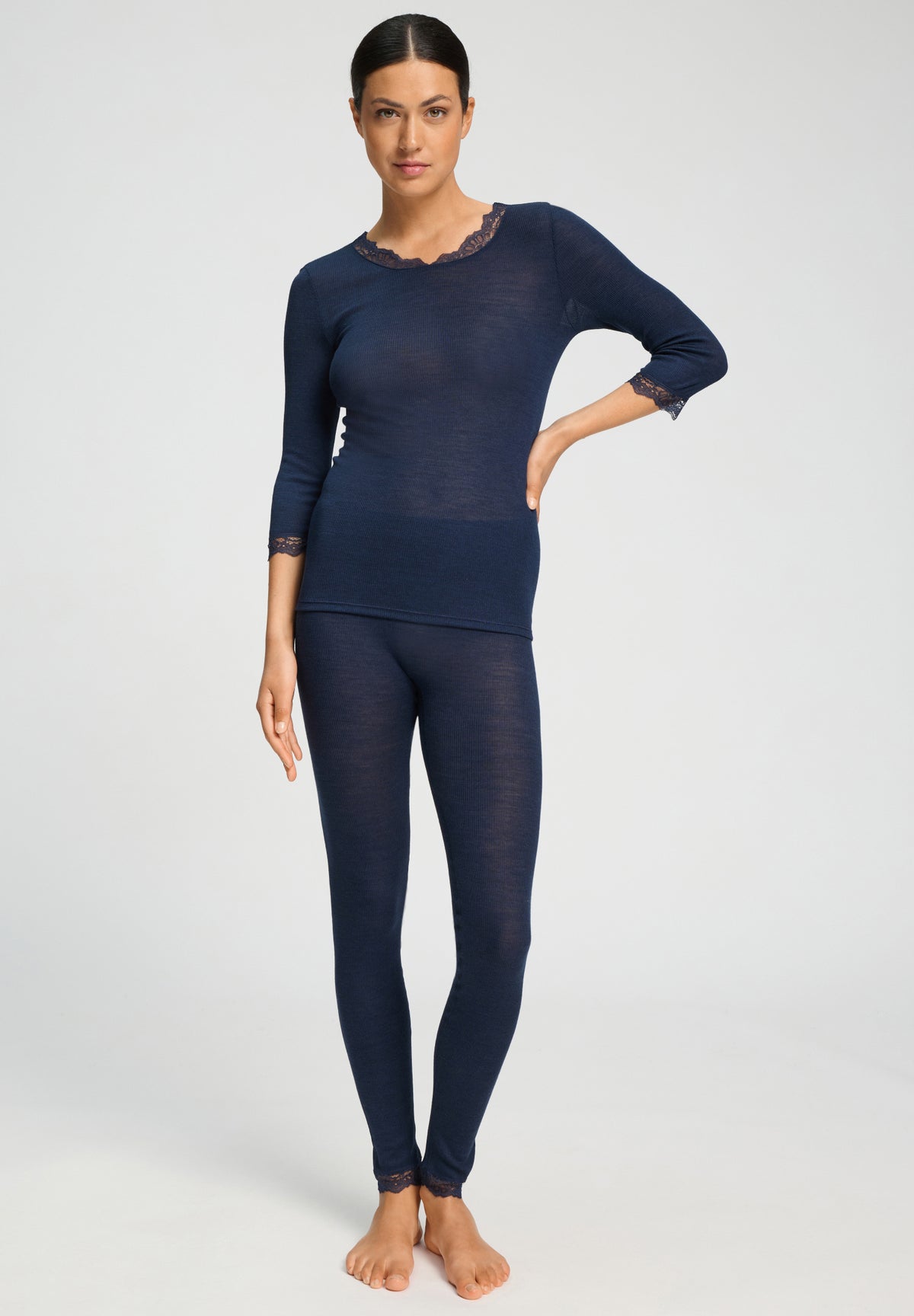 Woolen Lace Lace Trim Wool and Silk Top | Deep Navy 70769-1610
