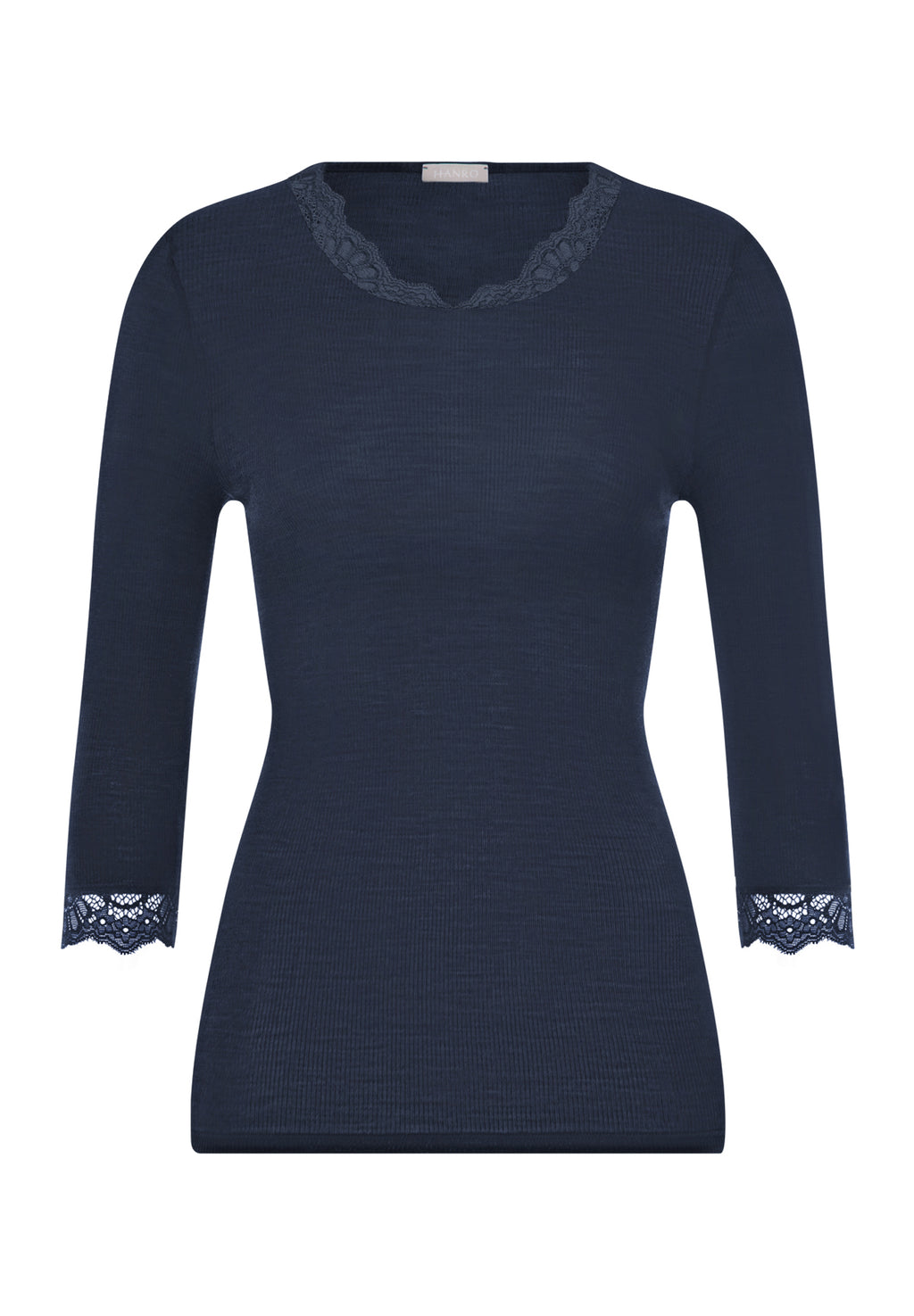 Woolen Lace Lace Trim Wool and Silk Top | Deep Navy 70769-1610