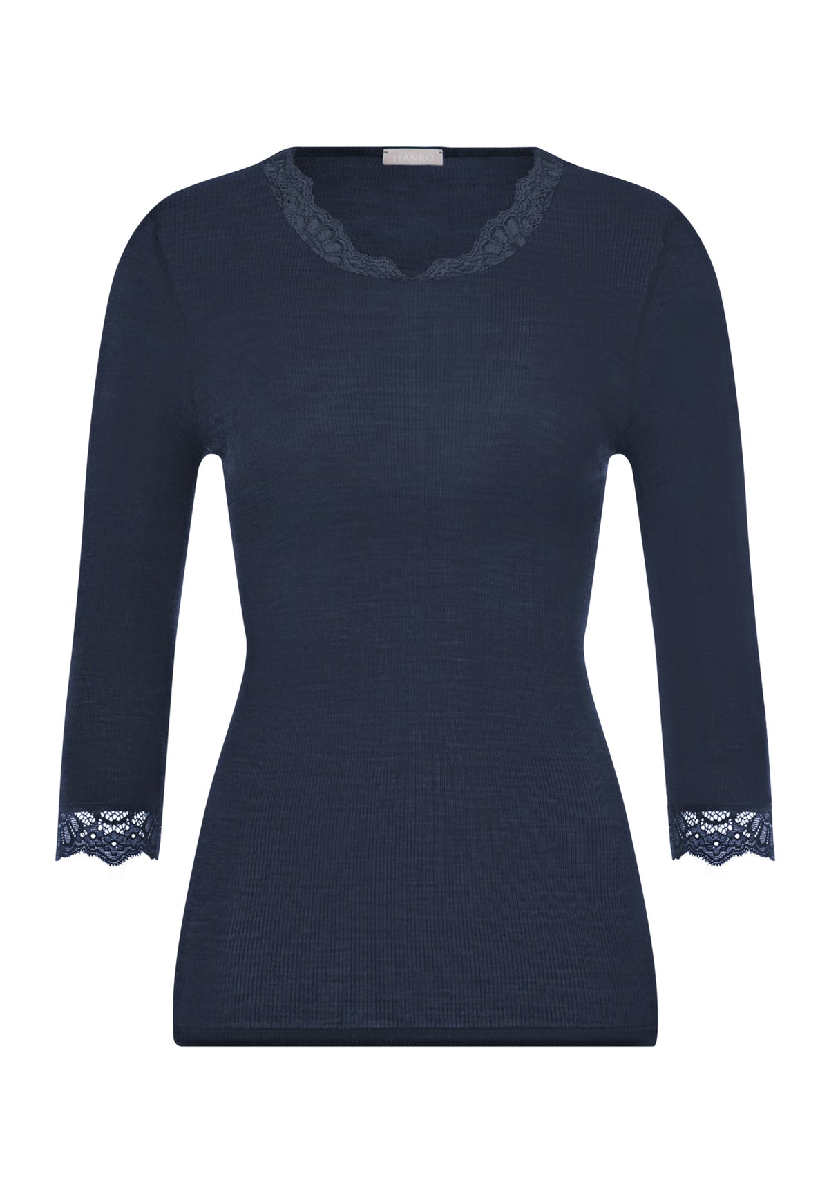 Woolen Lace Lace Trim Wool and Silk Top | Deep Navy 70769-1610