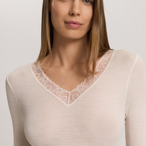 Woolen Lace Lace Trim Wool And Silk Top | Misty White 70829-2123