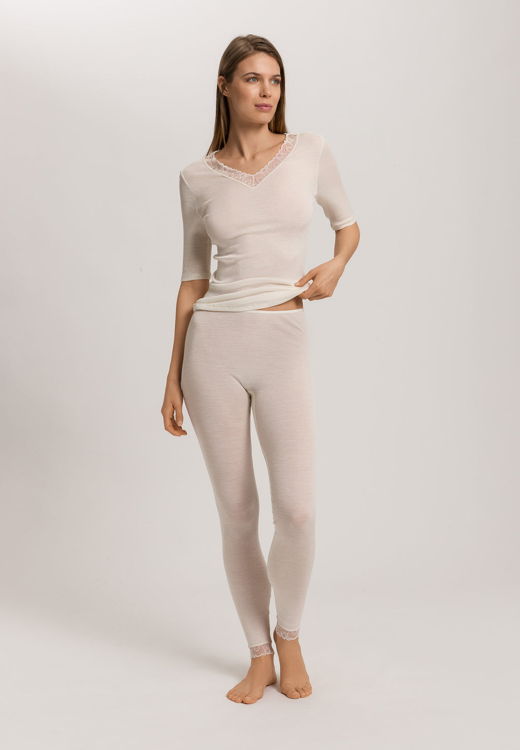 Woolen Lace Lace Trim Wool And Silk Top | Misty White 70829-2123