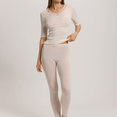 Woolen Lace Lace Trim Wool And Silk Leggings | Misty White 70833-2123