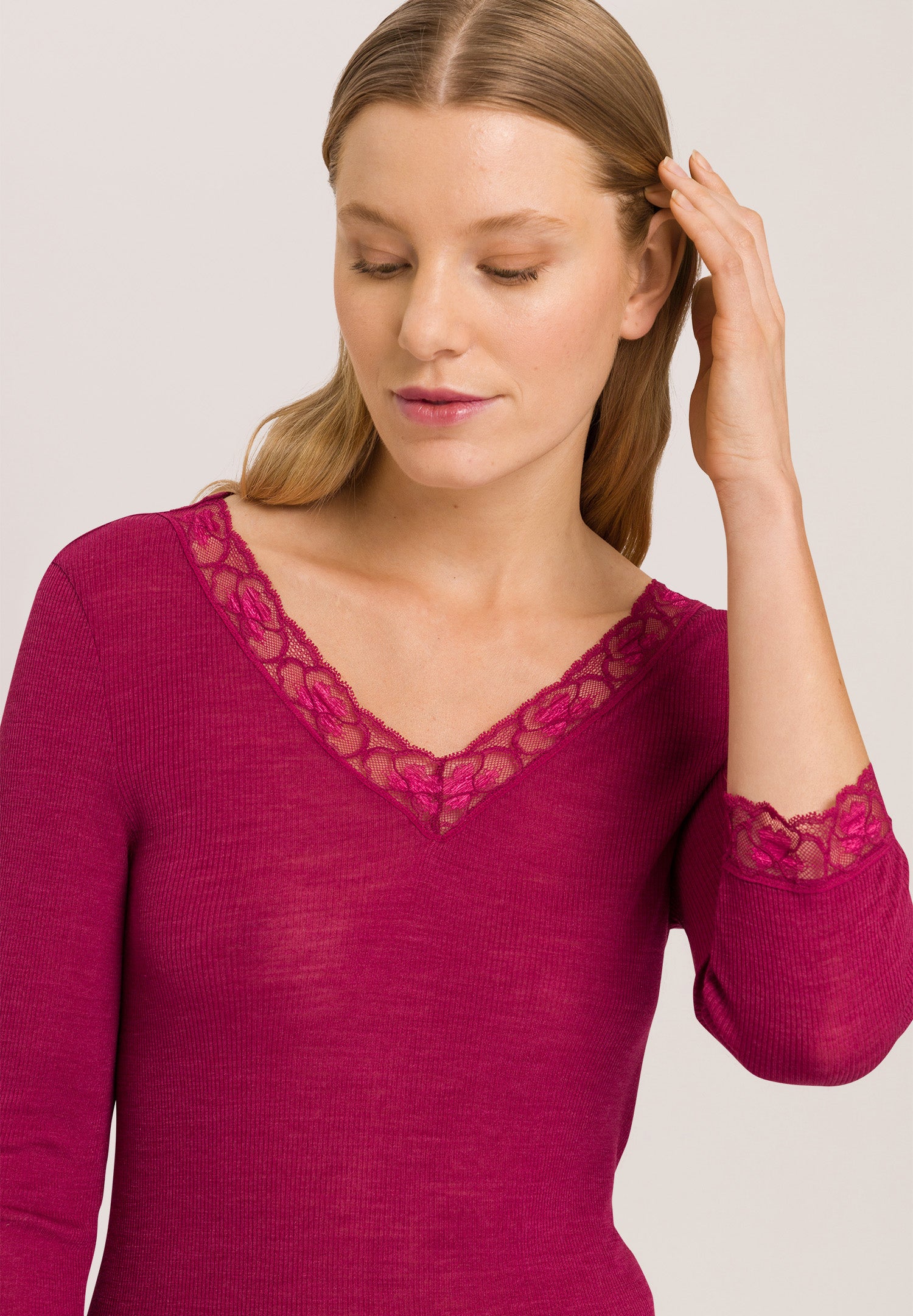 70973 Woolen Lace 3/4 Sleeve Shirt - 2406 Intense Garnet