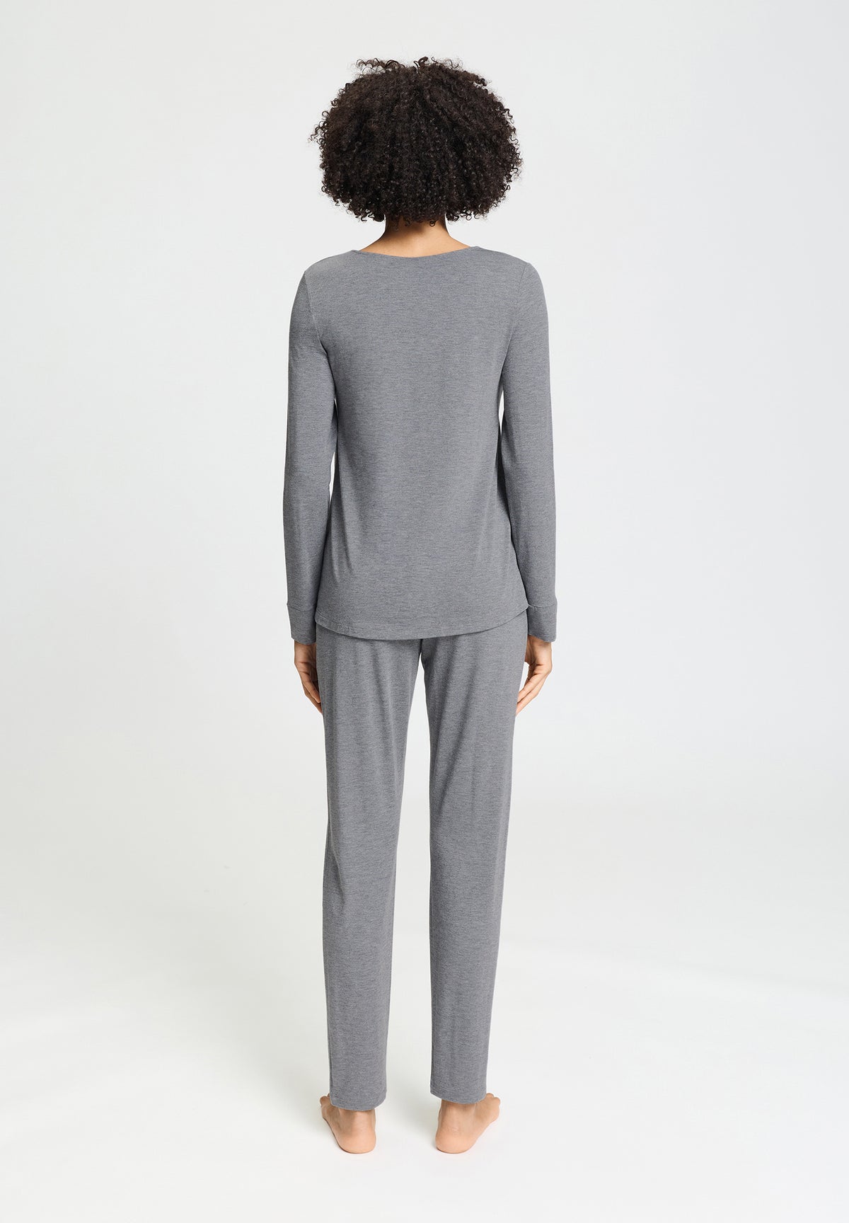 Natural Elegance Round Neck Long Pajama Set | Stone Melange 74951-3169