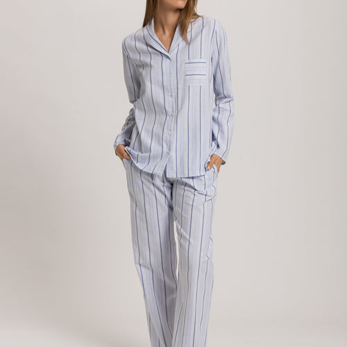 Loungy Nights Cotton Shawl Collar Shirt | Powder Blue Stripe 74967-3055
