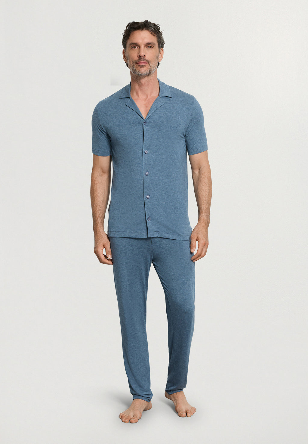 Casuals Notch Collar Button Front Shirt | Retro Blue Melange 75992-3082