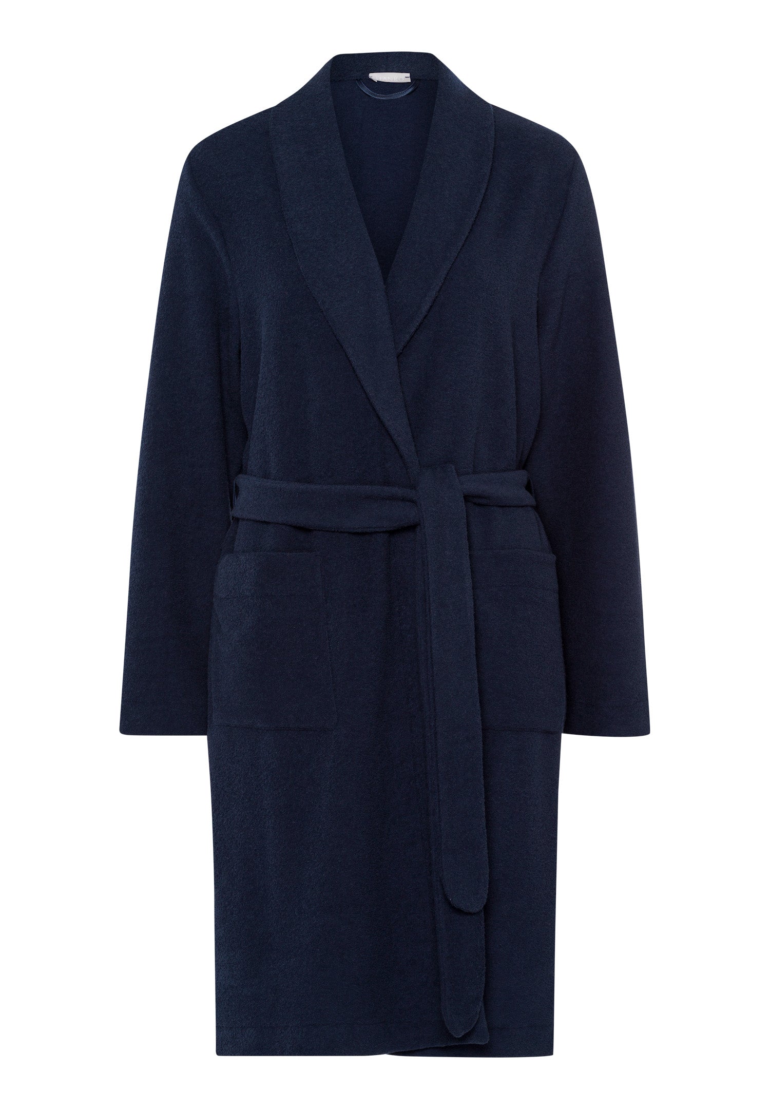 A deep navy shawl collar robe with a belt tie and side patch pockets.