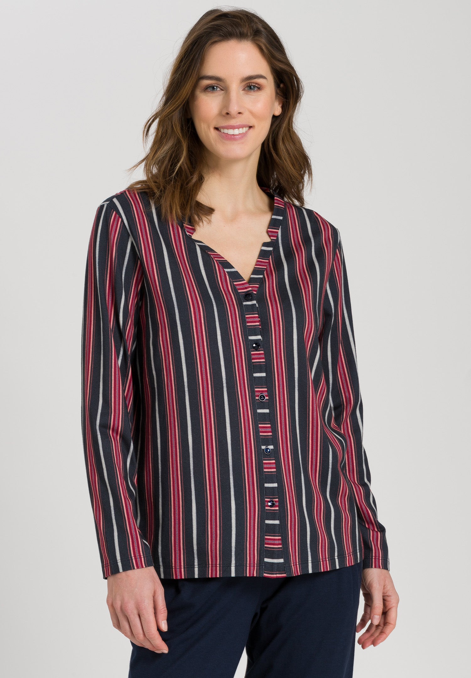 77934 Sleep And Lounge Long Sleeve Button Front Jersey Shirt - 2984 Marsala Stripe