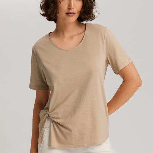 Natural Shirt Cotton Scoop Neck Top With Knot Detail | Iced Cappuccino 78402-2846