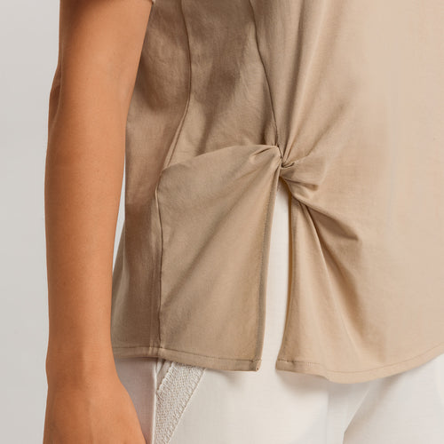 Natural Shirt Cotton Scoop Neck Top With Knot Detail | Iced Cappuccino 78402-2846