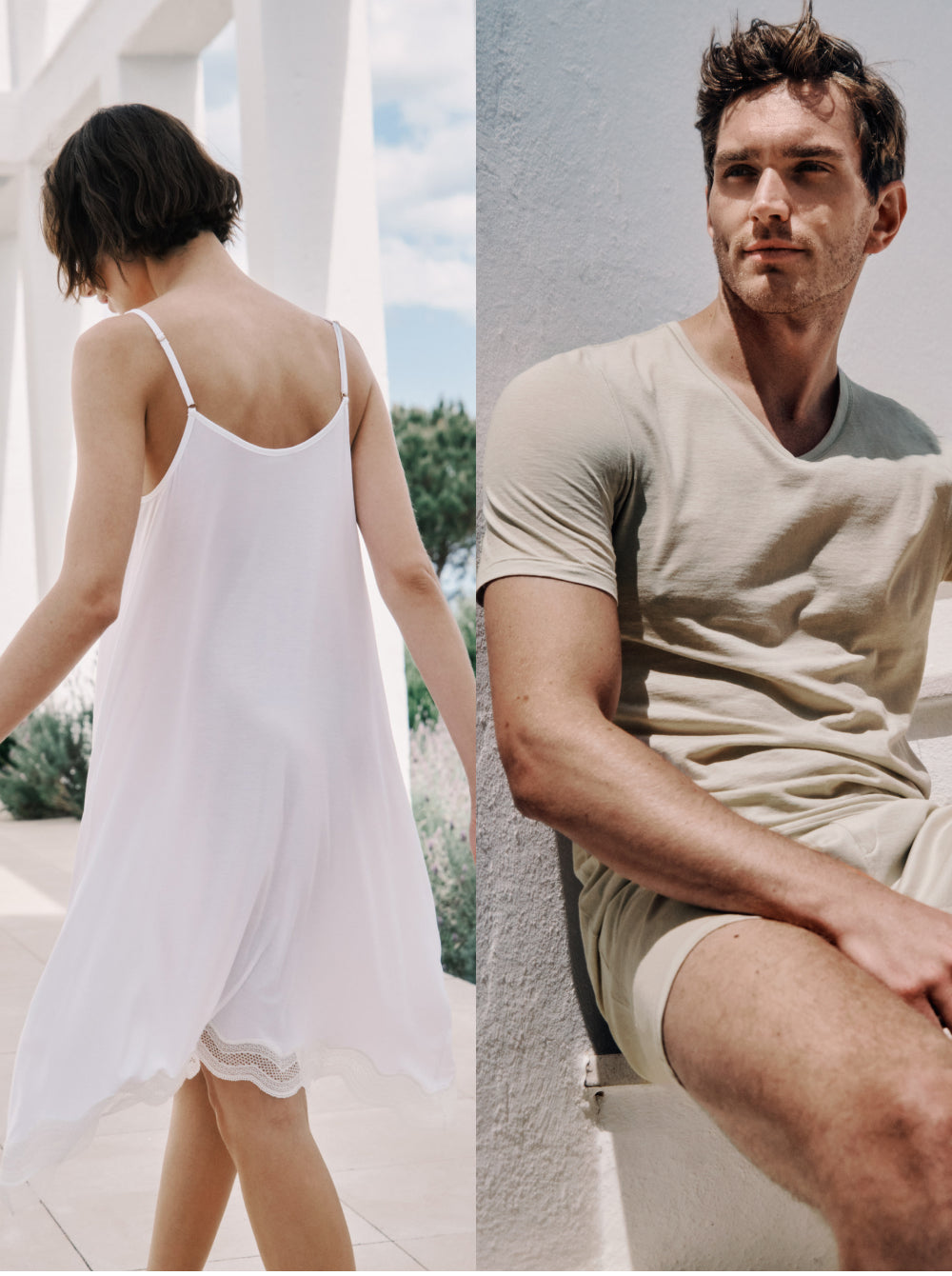 Two people, one in a white dress and the other in casual clothing, with a neutral background.