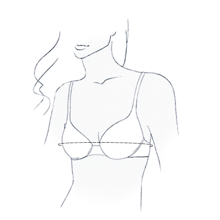 Drawing of women wearing a bra highlighting bust measurements. 