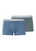 Two pairs of men's boxer briefs, one blue and one green, with 'HANRO' branding on a white background.