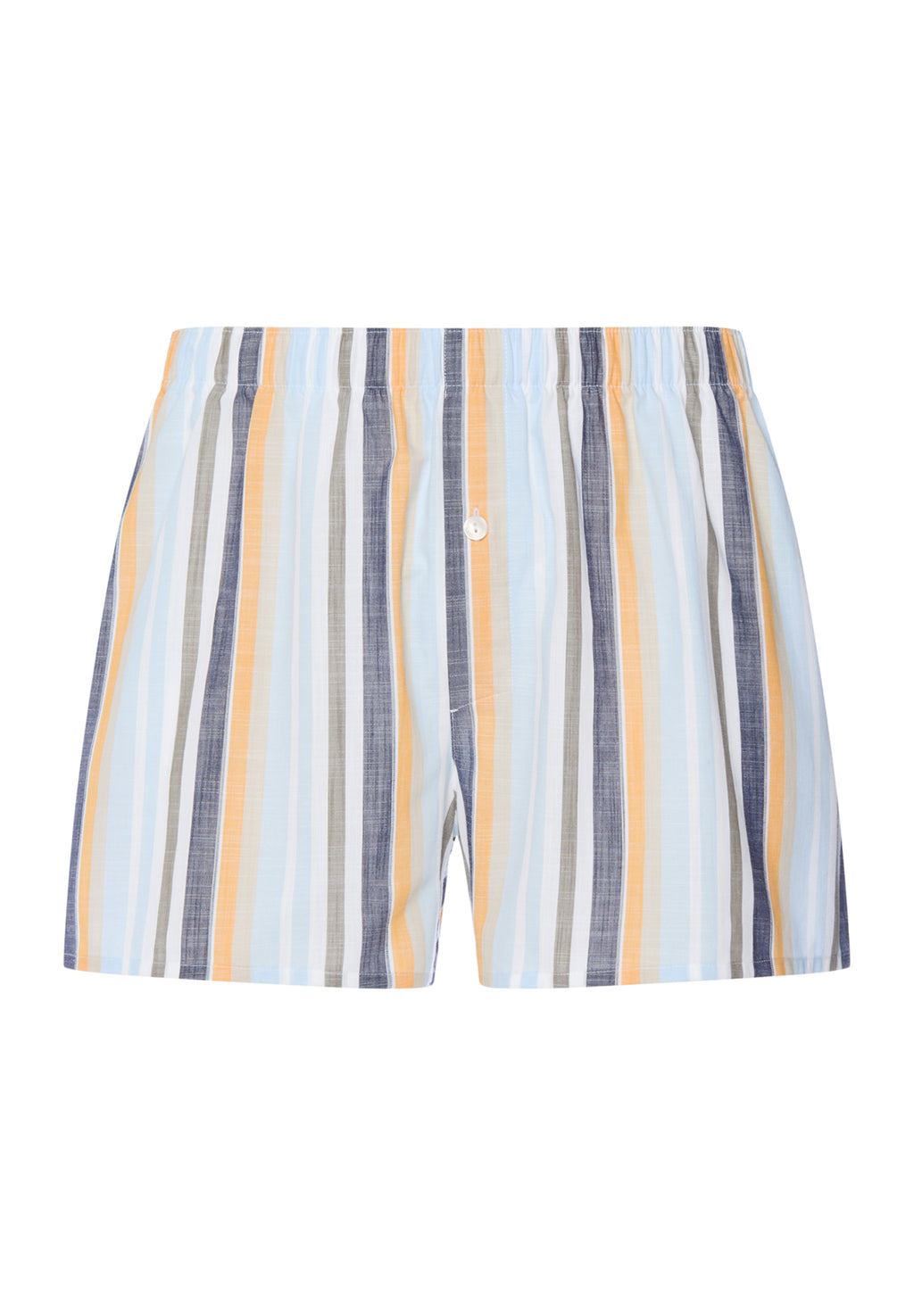 Striped shorts with a pattern of blue, yellow, and gray on a white background