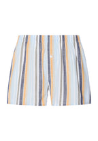 Striped shorts with a pattern of blue, yellow, and gray on a white background