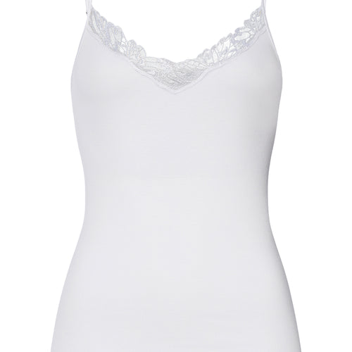 White camisole with lace trim on a white background