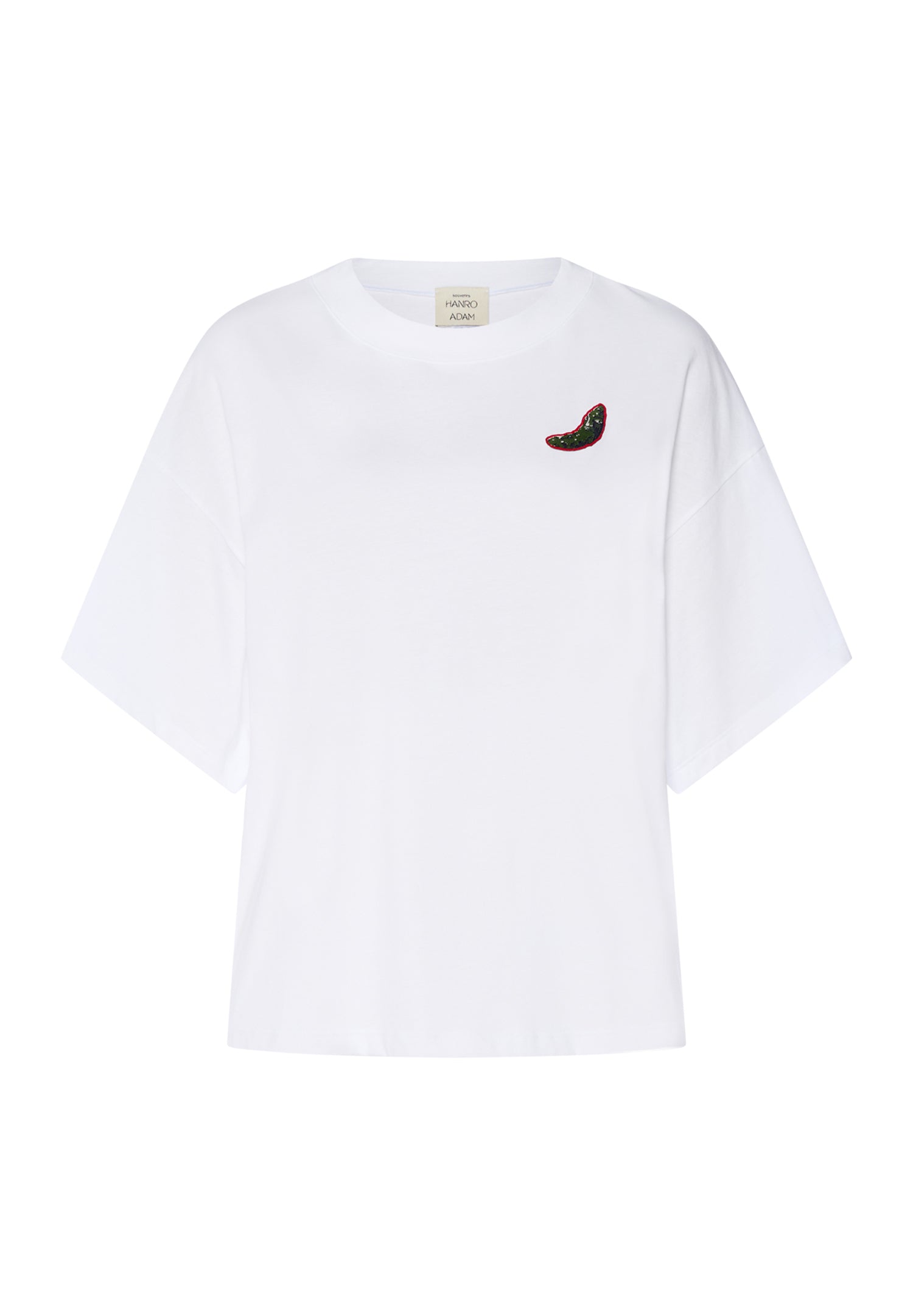 White t-shirt with a small embroidered design on a white background