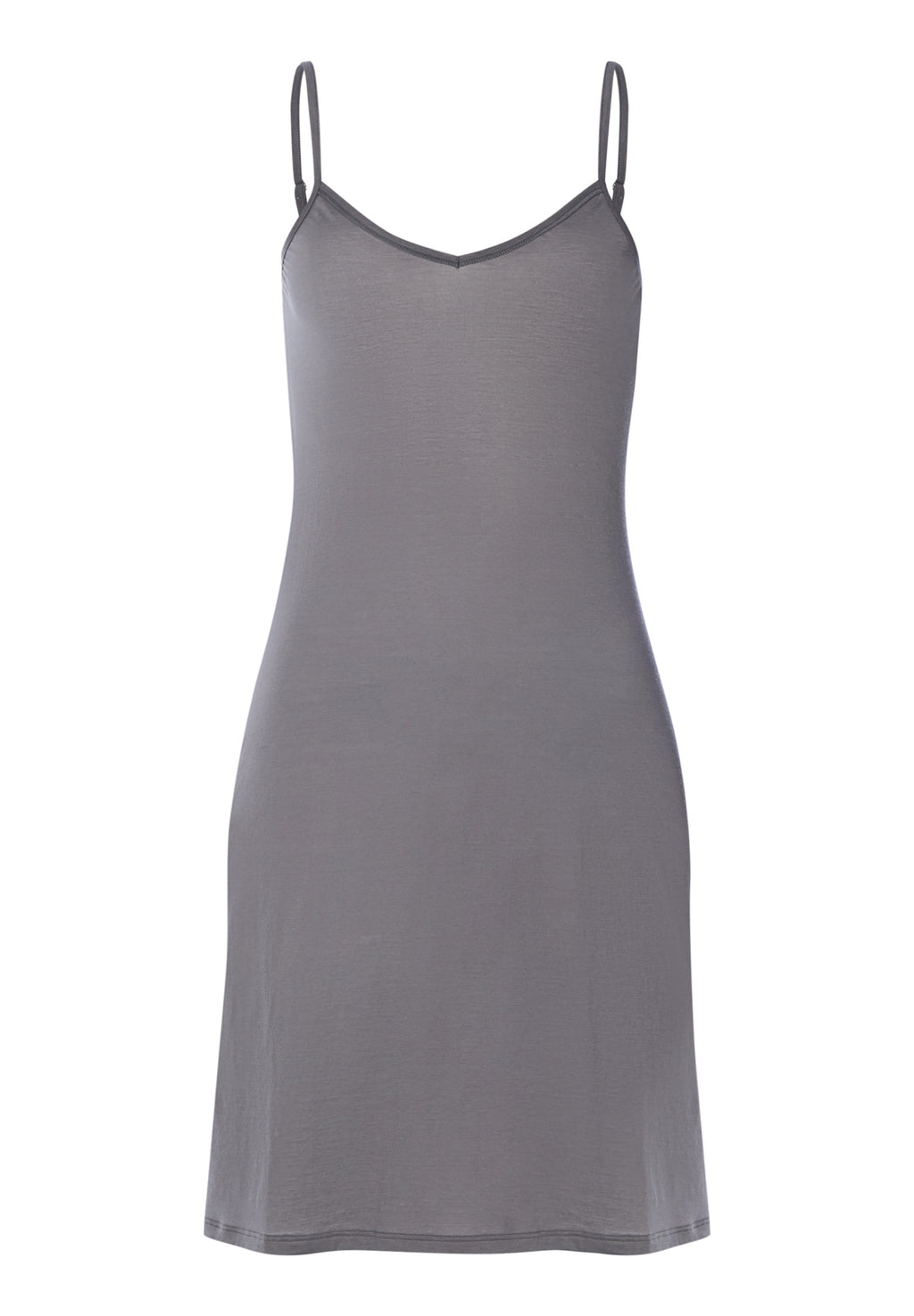 Gray slip dress with thin straps on a white background