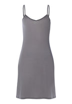 Gray slip dress with thin straps on a white background
