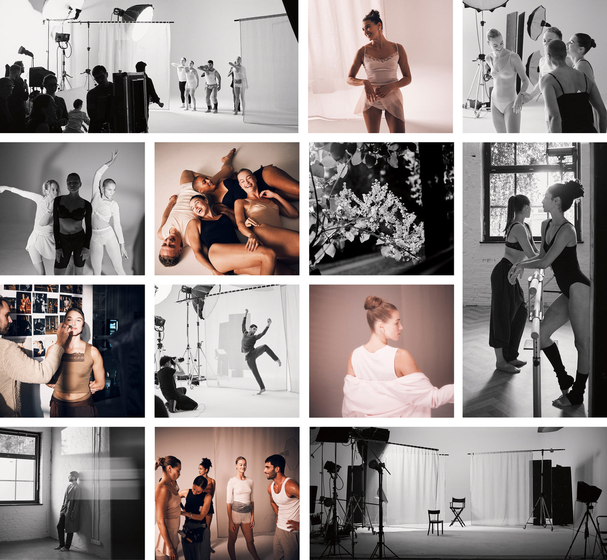 A 15-photo collage showing various dance and fitness studio sessions, featuring dancers in white and black leotards, studio lighting equipment, and group rehearsals in indoor and outdoor settings.