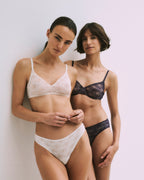 Two women wearing lace lingerie against a plain background