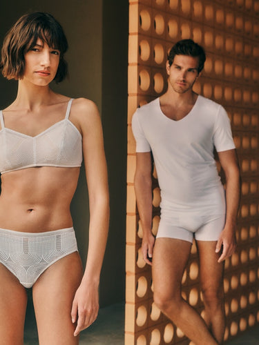 Bride and Groom wearing white underwear featuring Martha bra and panties and Clean Cut t-shirt and boxer briefs