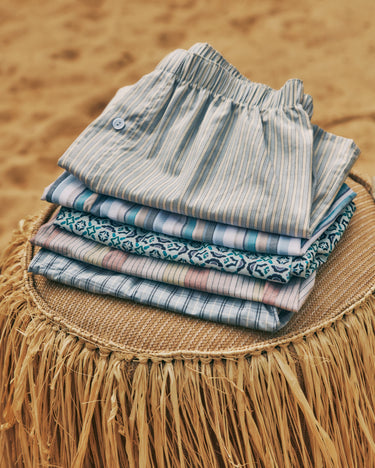 Fancy Woven Boxers folded on top of each other, showing off the trend colors for 2025.