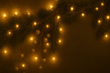 Decorative arrangement of Christmas tree branches with glowing lights on a dark background