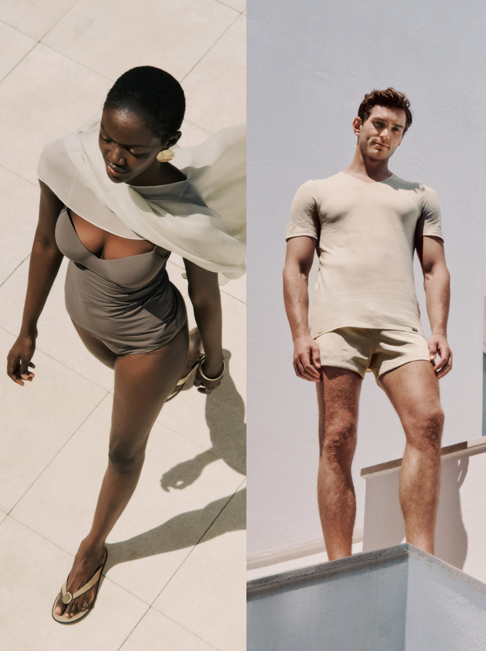 Two people, one in a dress and the other in shorts and a t-shirt, standing outdoors.