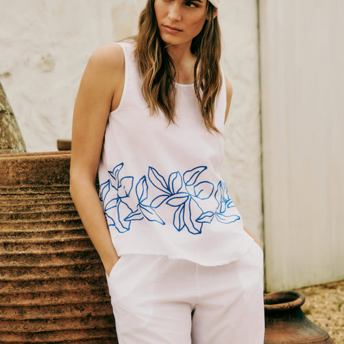 Liz Relaxed Cotton Tank Top With Embroidery | White 74799-101